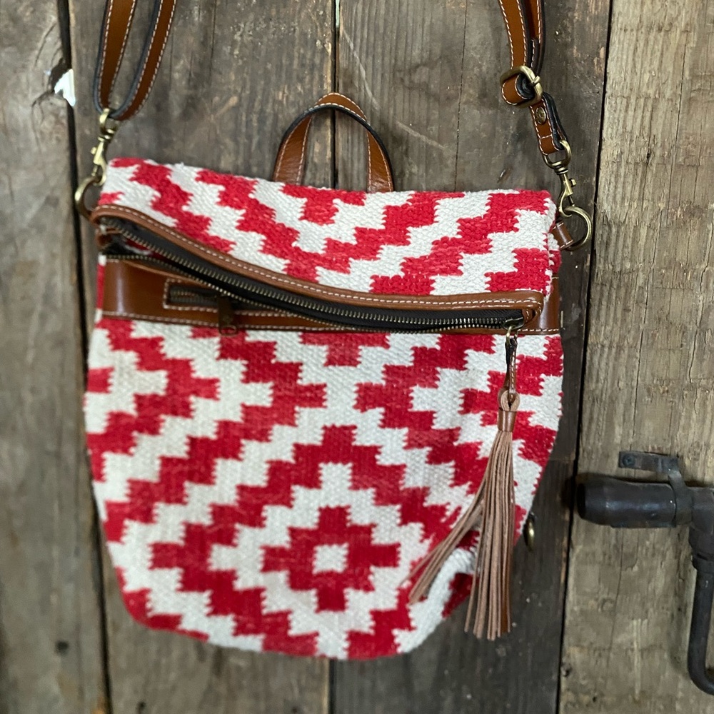 Patricia Nash Casoli Convertible Woven Leather Backpack Crossbody Red Cream